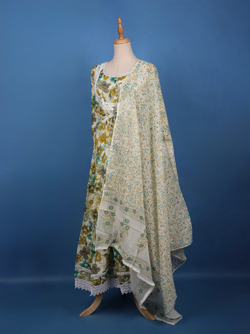 Olive Green Floral Printed Cotton Salwar Suit Set - Diadem
