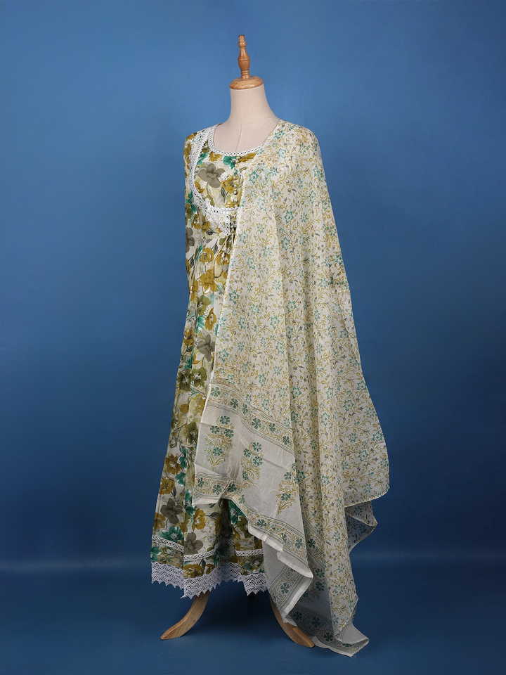 Olive Green Floral Printed Cotton Salwar Suit Set - Diadem