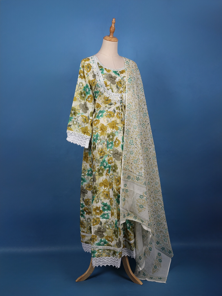 Olive Green Floral Printed Cotton Salwar Suit Set - Diadem