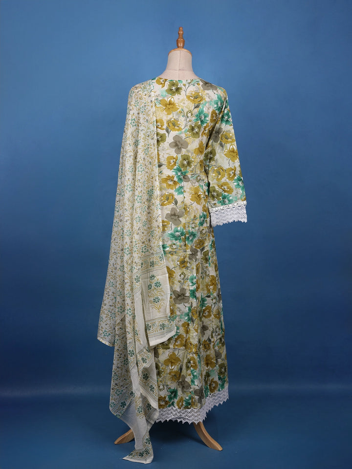 Olive Green Floral Printed Cotton Salwar Suit Set - Diadem
