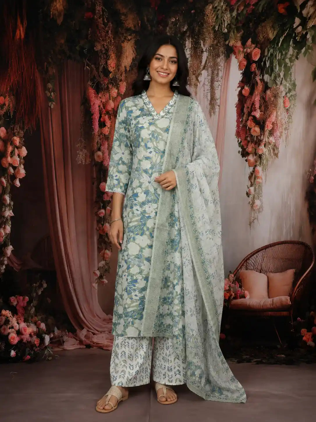 Olive Green Floral Printed Cotton Salwar Suit with Dupatta