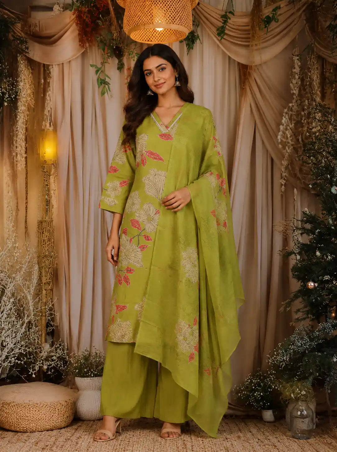 Olive Green Floral Printed Design Cotton Straight Cut Salwar Suit