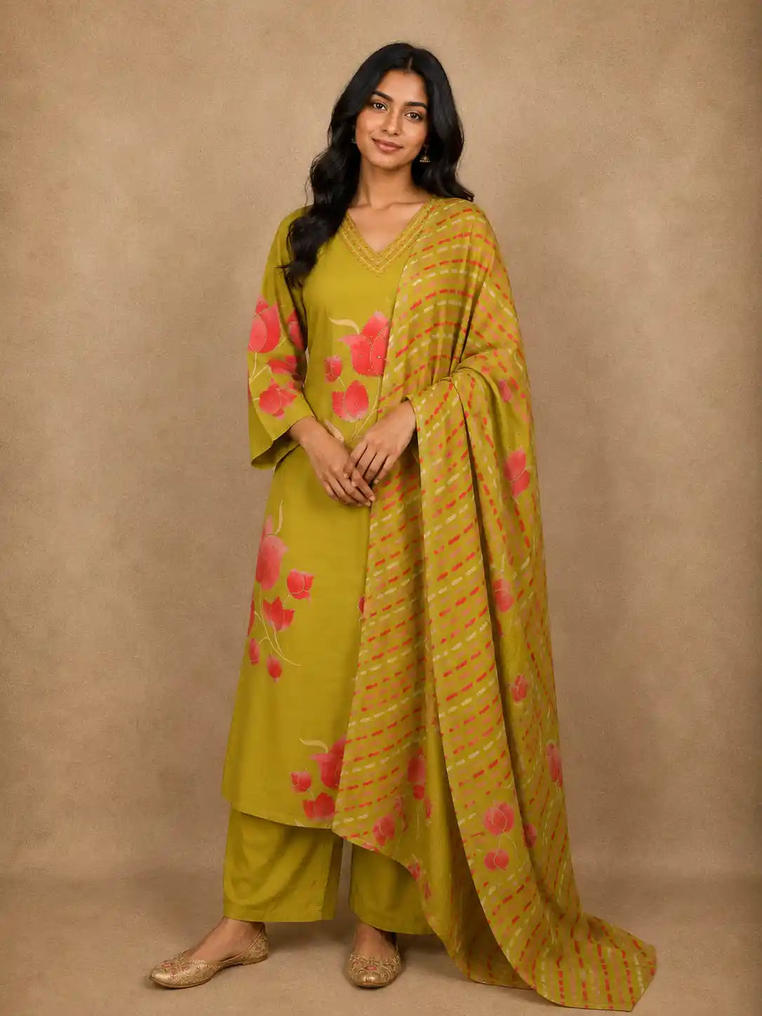Olive Green Floral Printed Design Cotton Straight Cut Salwar Suit with Dupatta