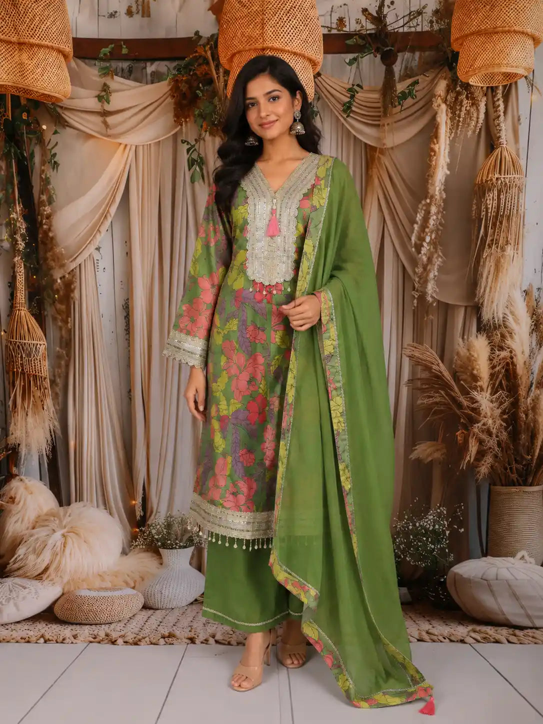 Olive Green Floral Printed Design Tissue Silk Anarkali Salwar Suit