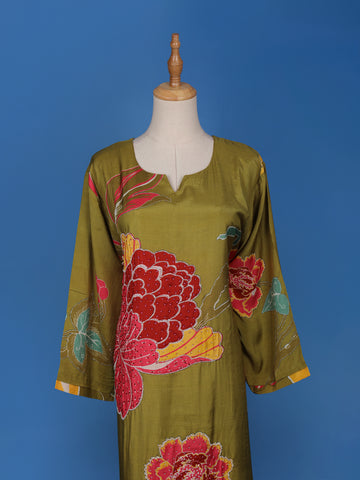 Olive Green Floral Printed Semi Silk Kurti - Diadem
