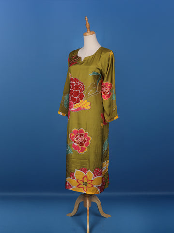 Olive Green Floral Printed Semi Silk Kurti - Diadem