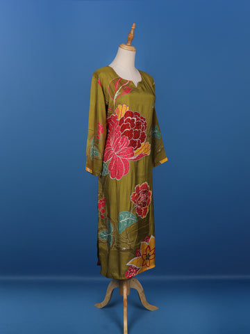 Olive Green Floral Printed Semi Silk Kurti - Diadem