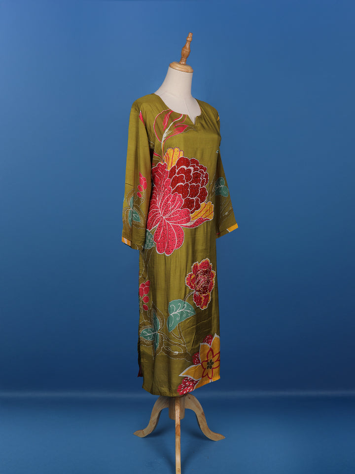 Olive Green Floral Printed Semi Silk Kurti - Diadem