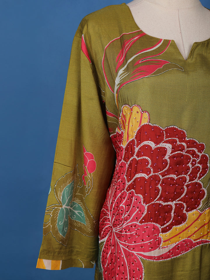 Olive Green Floral Printed Semi Silk Kurti - Diadem
