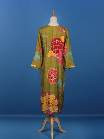 Olive Green Floral Printed Semi Silk Kurti - Diadem