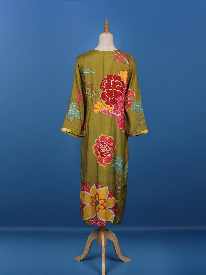 Olive Green Floral Printed Semi Silk Kurti - Diadem