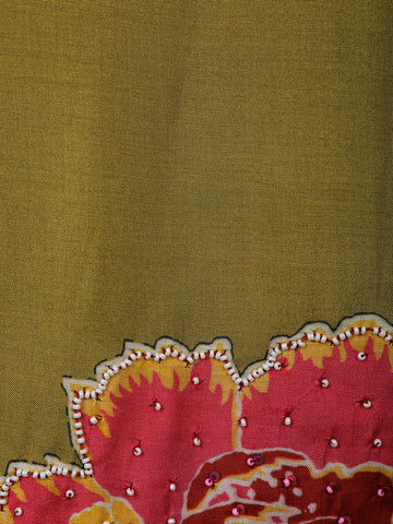 Olive Green Floral Printed Semi Silk Kurti - Diadem