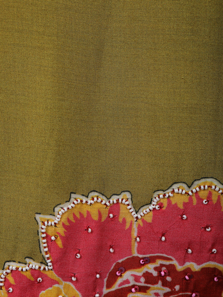 Olive Green Floral Printed Semi Silk Kurti - Diadem
