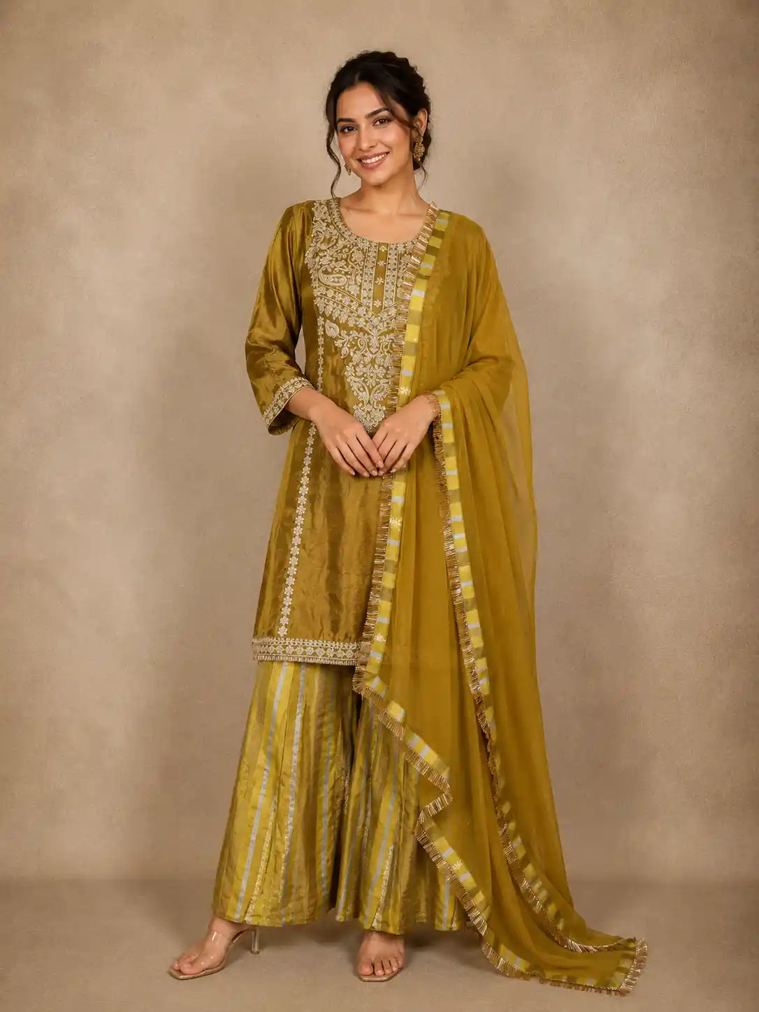 Olive Green Floral Thread Embroidered Tissue Silk Palazzo with Dupatta