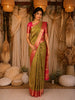 Olive Green Floral Woven Design Pure Kanchipuram Silk Saree with Contrast Pink Border