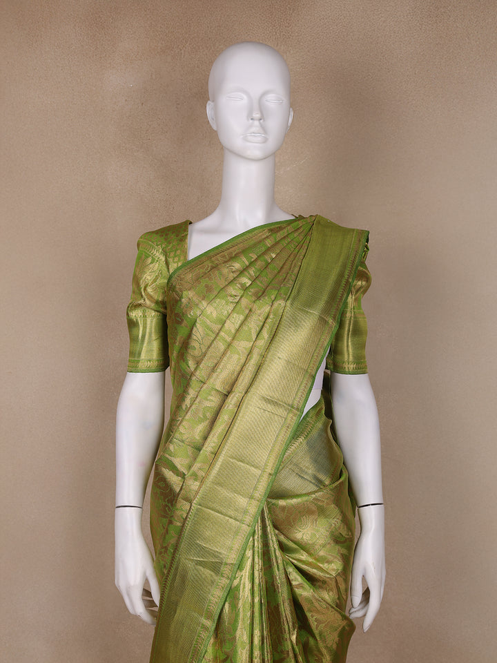 Olive Green Floral Woven Motifs Pure Kanchipuram Tissue Silk Saree - Diadem