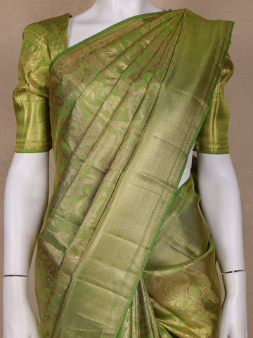 Olive Green Floral Woven Motifs Pure Kanchipuram Tissue Silk Saree - Diadem