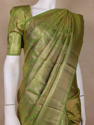 Olive Green Floral Woven Motifs Pure Kanchipuram Tissue Silk Saree - Diadem