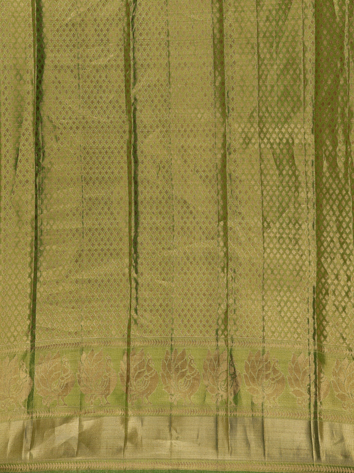 Olive Green Floral Woven Motifs Pure Kanchipuram Tissue Silk Saree - Diadem