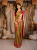 Olive Green Floral Woven Pure Kanchipuram Silk Saree with Contrast Rose Pink Zari Border