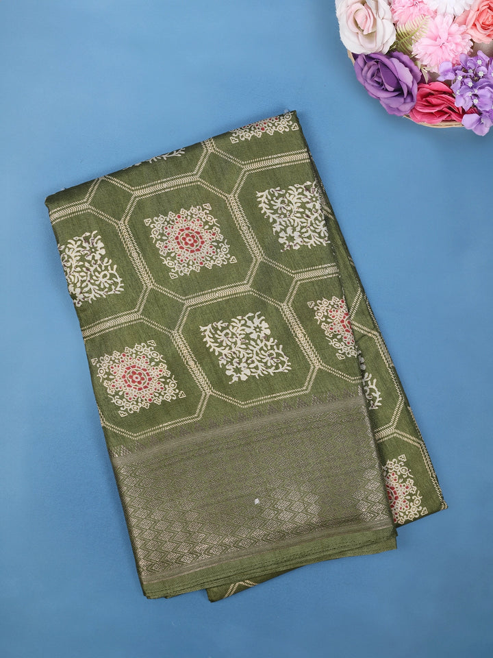 Olive Green Floral hexagonal Printed Cotton Saree - Diadem