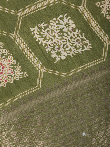 Olive Green Floral hexagonal Printed Cotton Saree - Diadem