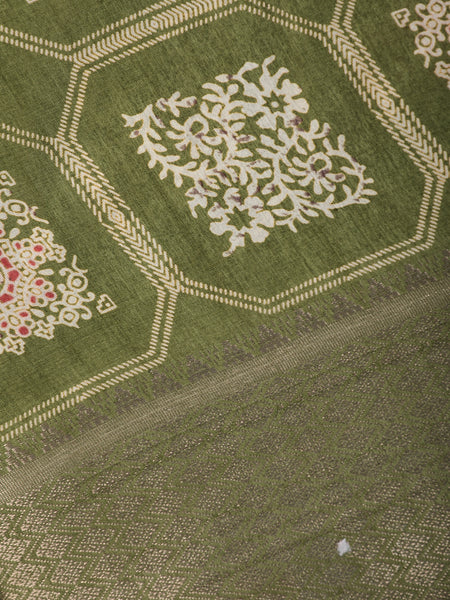 Olive Green Floral hexagonal Printed Cotton Saree - Diadem