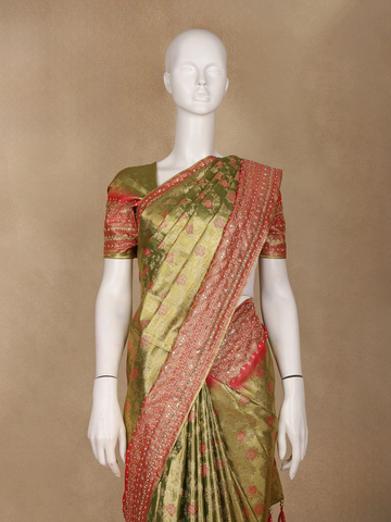 Olive Green Floral woven Banarasi Silk Saree - Diadem