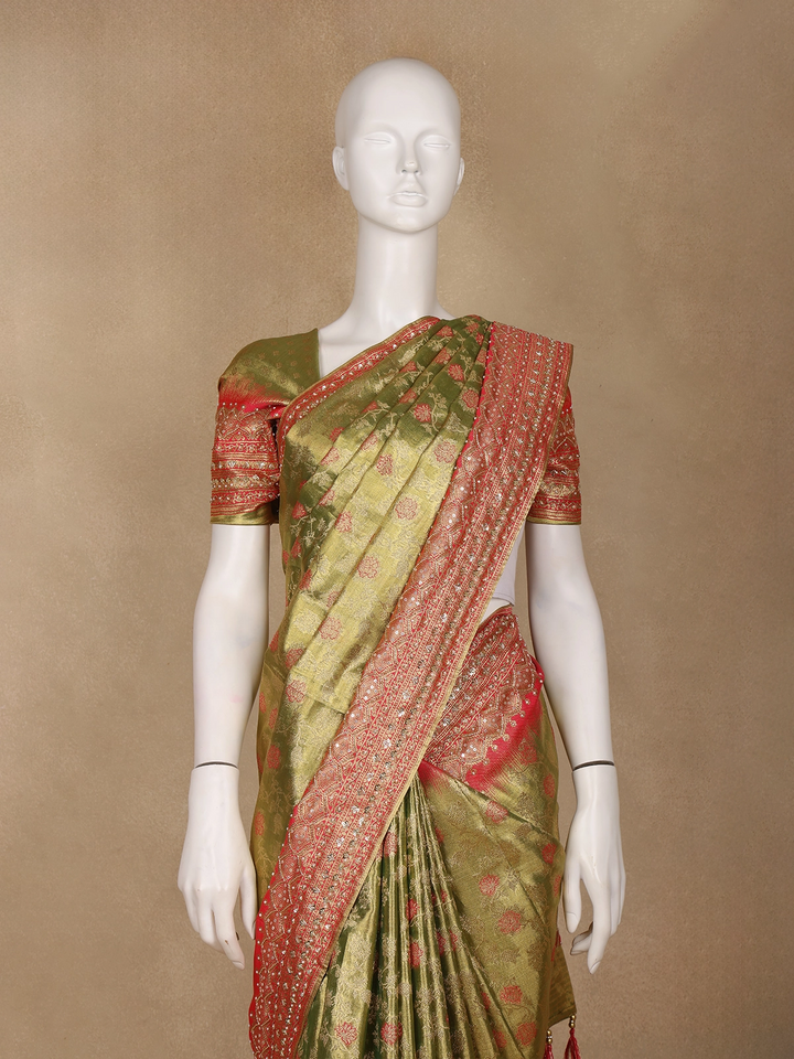 Olive Green Floral woven Banarasi Silk Saree - Diadem