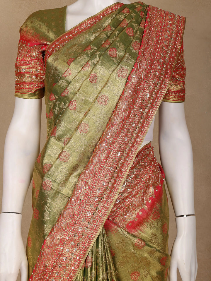 Olive Green Floral woven Banarasi Silk Saree - Diadem
