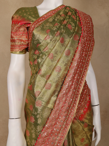 Olive Green Floral woven Banarasi Silk Saree - Diadem