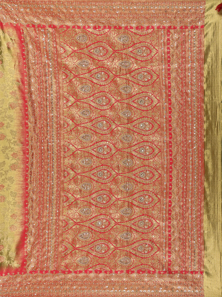 Olive Green Floral woven Banarasi Silk Saree - Diadem