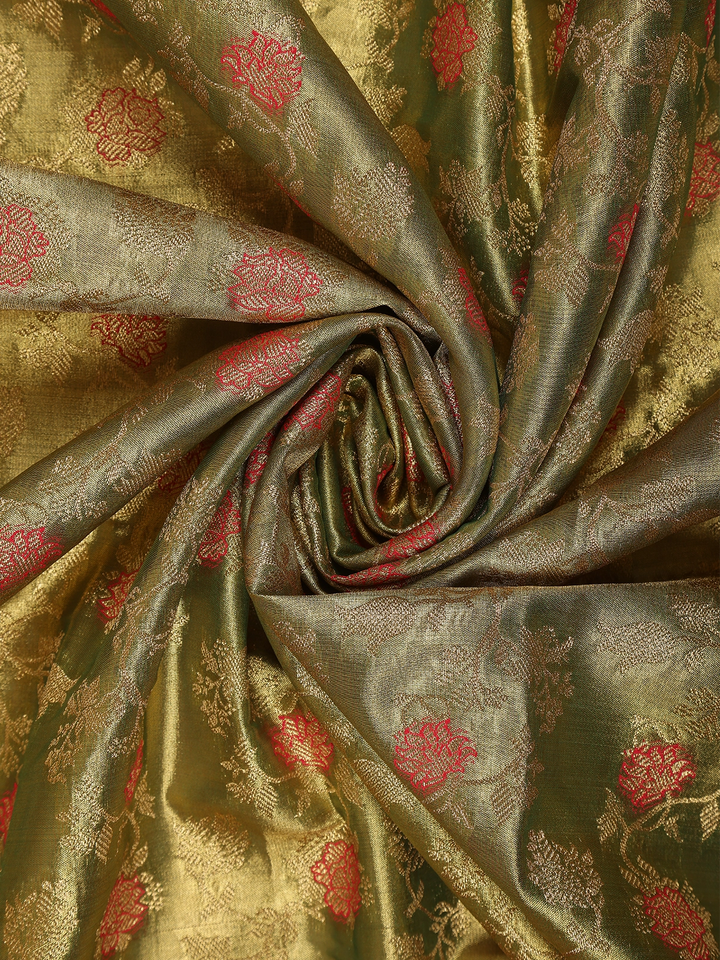 Olive Green Floral woven Banarasi Silk Saree - Diadem