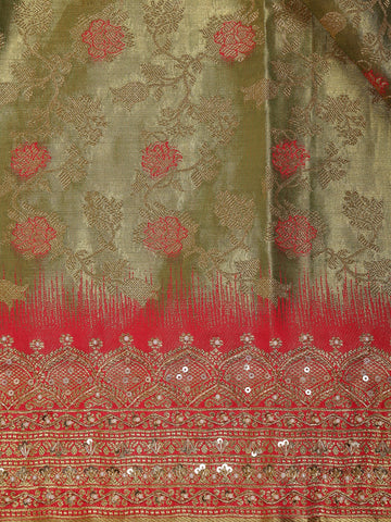 Olive Green Floral woven Banarasi Silk Saree - Diadem