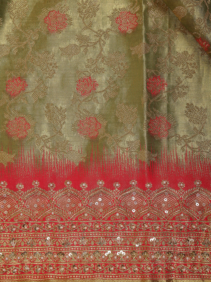 Olive Green Floral woven Banarasi Silk Saree - Diadem