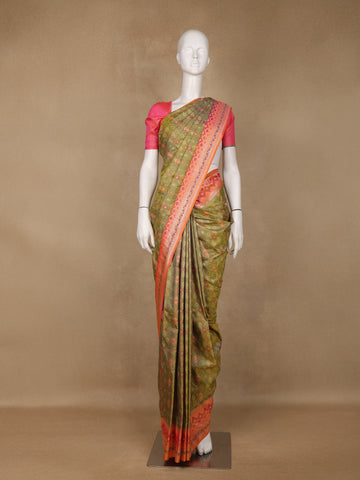 Olive Green Geometric Motif pattern Silk Saree - Diadem
