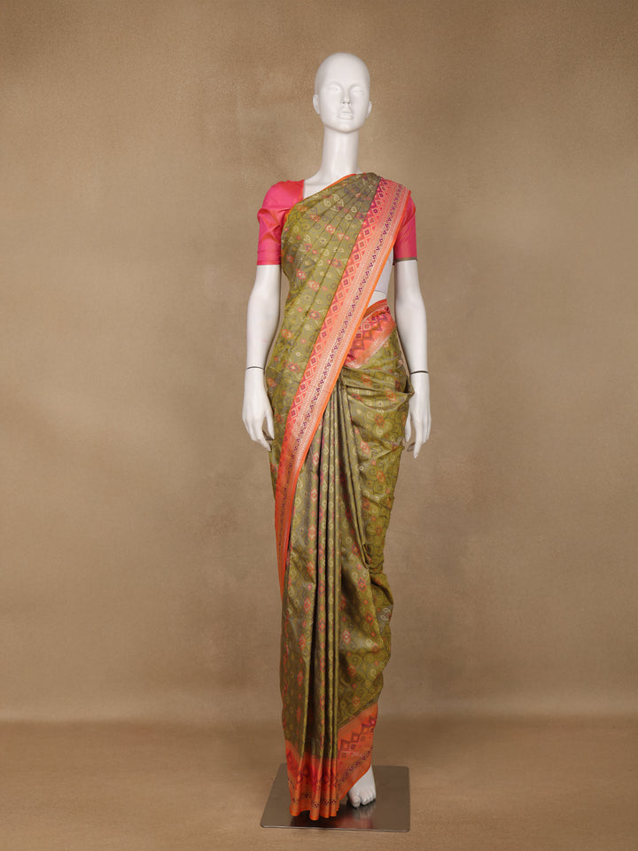 Olive Green Geometric Motif pattern Silk Saree - Diadem