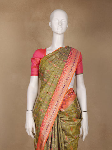 Olive Green Geometric Motif pattern Silk Saree - Diadem