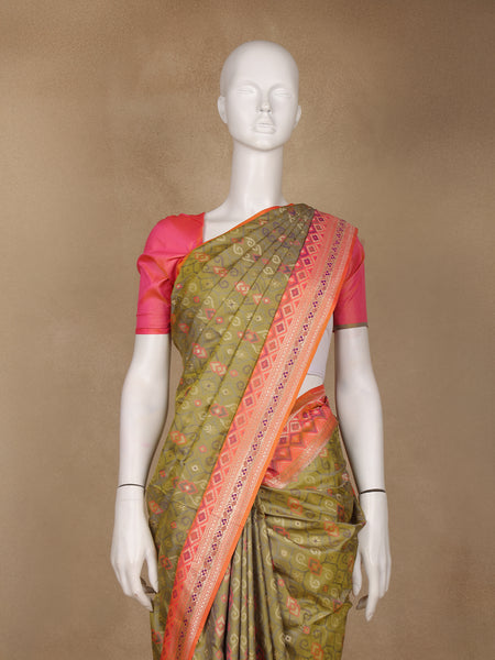 Olive Green Geometric Motif pattern Silk Saree - Diadem