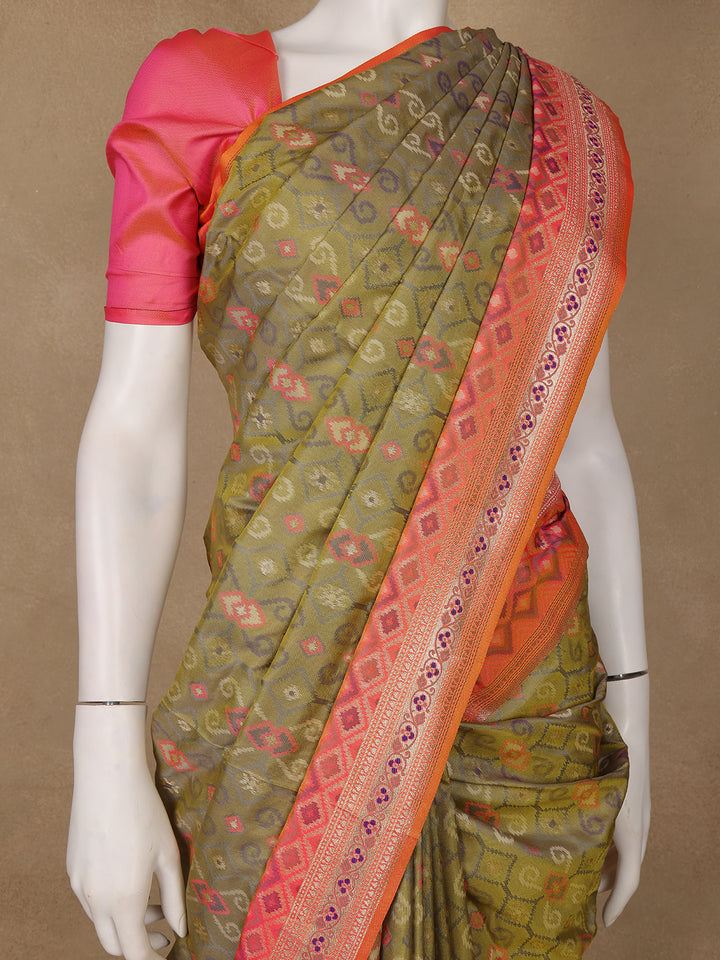 Olive Green Geometric Motif pattern Silk Saree - Diadem