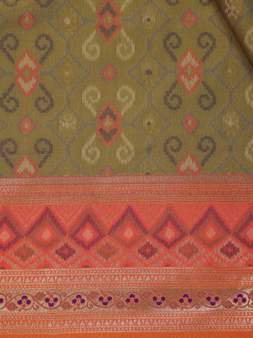 Olive Green Geometric Motif pattern Silk Saree - Diadem