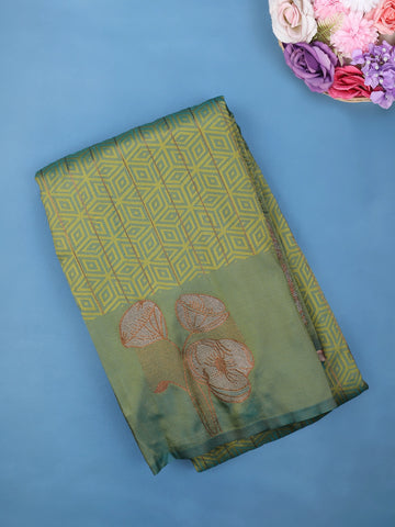 Olive Green Geometric Woven Pattern with Floral Design Soft Silk Saree - Diadem