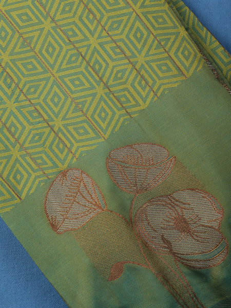 Olive Green Geometric Woven Pattern with Floral Design Soft Silk Saree - Diadem