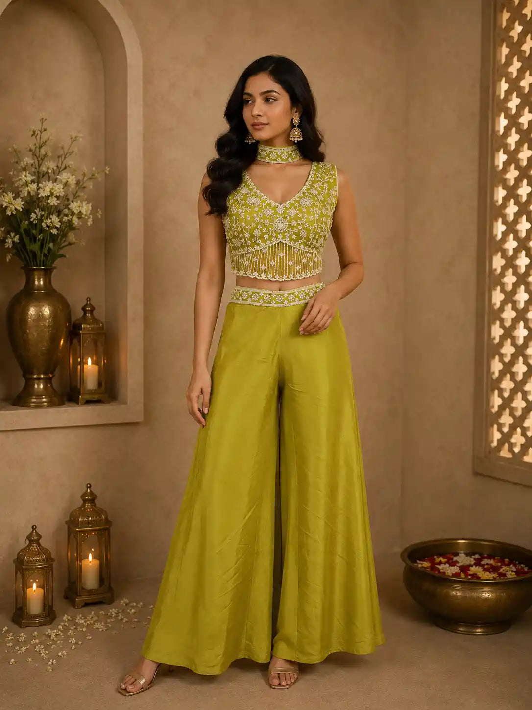 Olive Green Heavy Sequins and Beads Embroidered Design Georgette Palazzo Suit with Dupatta