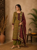 Olive Green Ikat Printed Crepe Salwar Suit with Dupatta