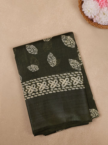 Olive Green Leaf Motif Printed Cotton Saree - Diadem