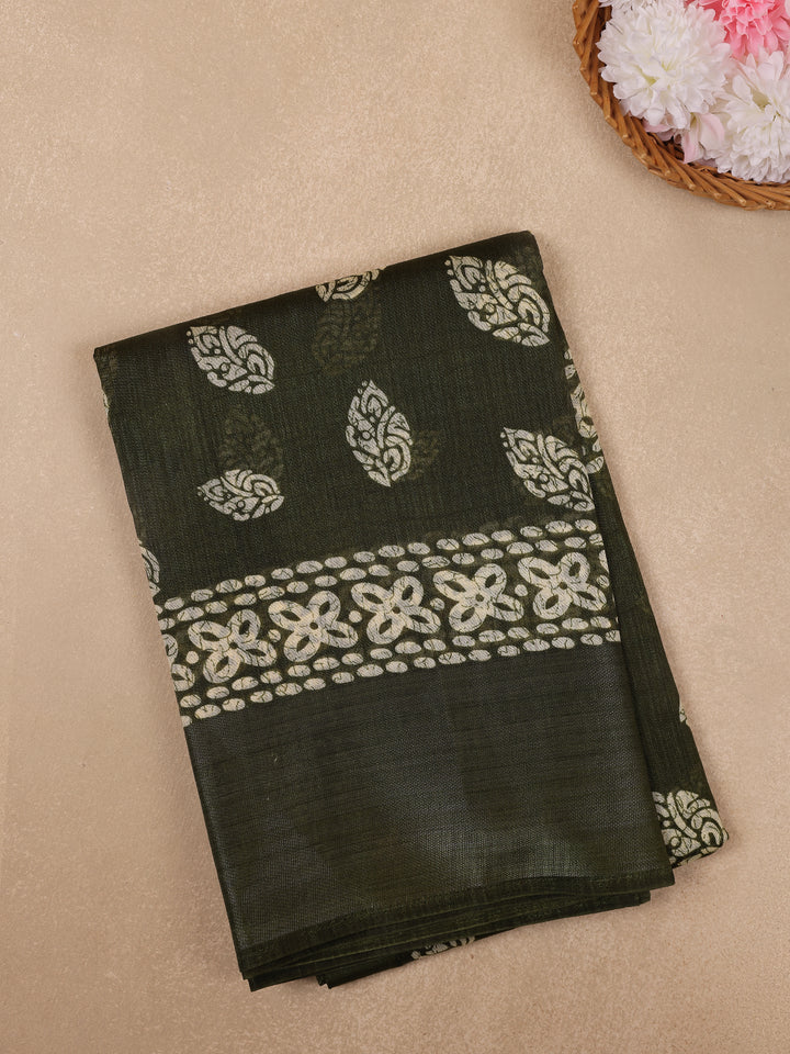 Olive Green Leaf Motif Printed Cotton Saree - Diadem
