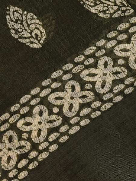 Olive Green Leaf Motif Printed Cotton Saree - Diadem