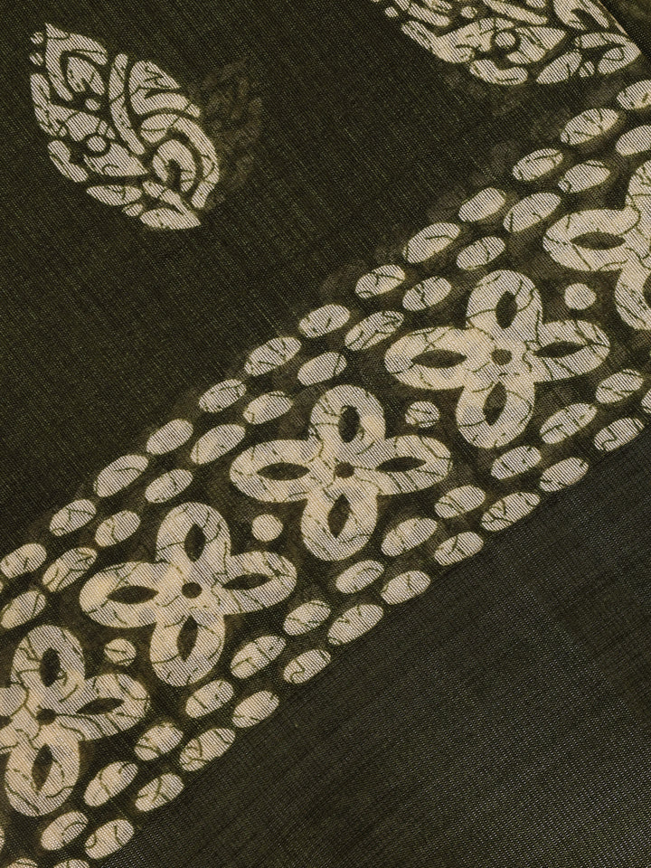 Olive Green Leaf Motif Printed Cotton Saree - Diadem