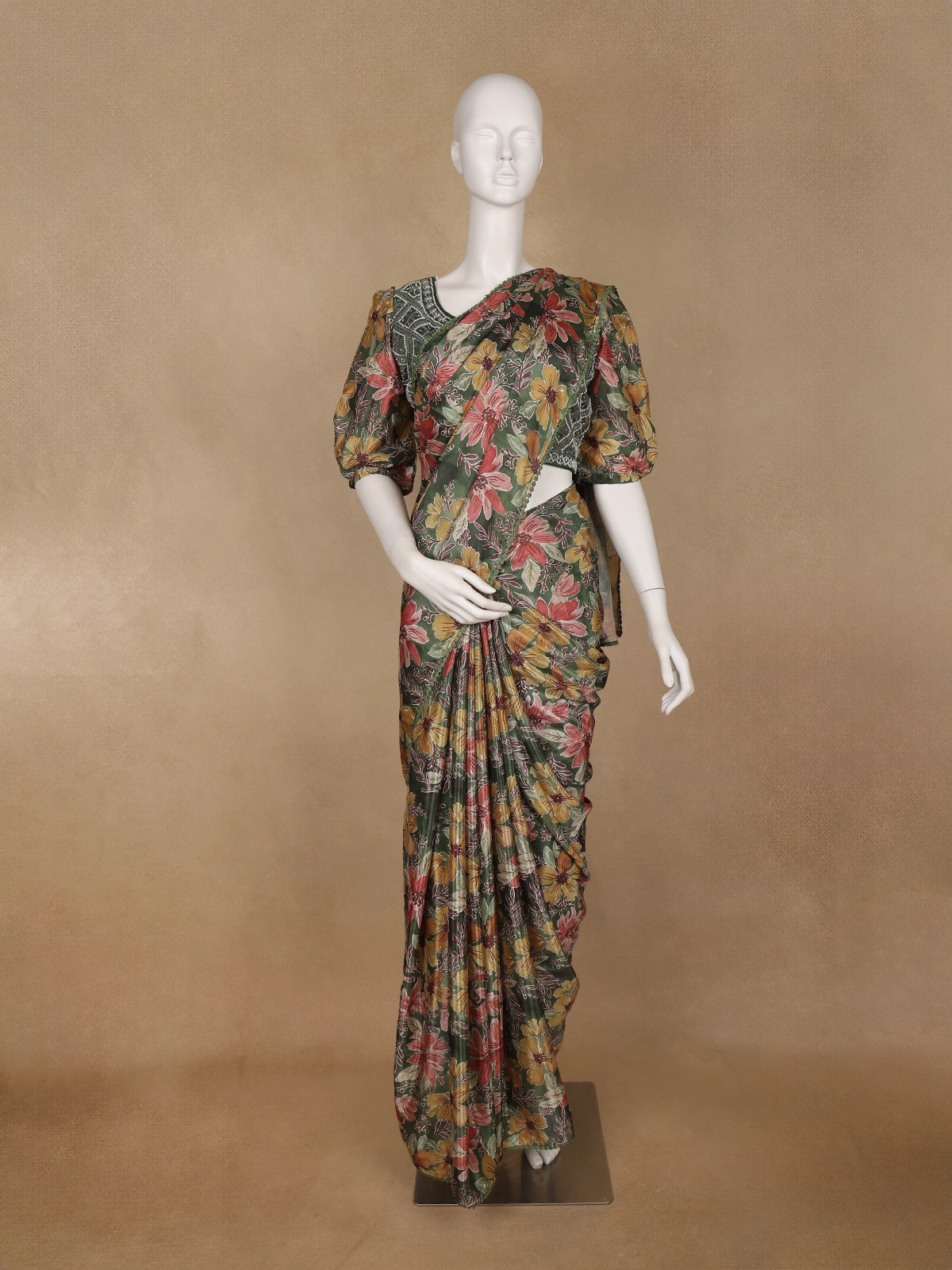 Olive Green Multicolor Floral Printed Synthetic Saree with Embroidered Blouse - Diadem